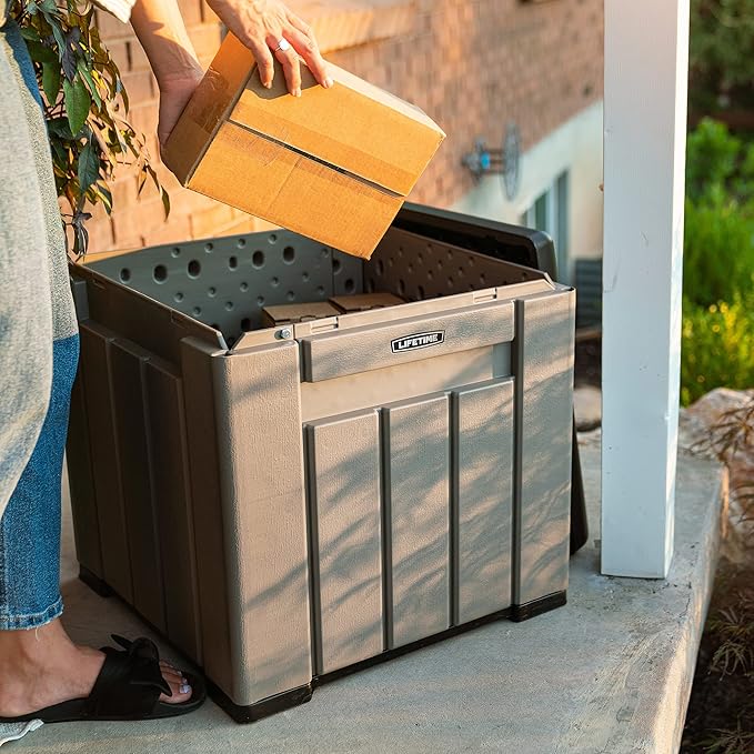 Lifetime 60186 Heavy-Duty Outdoor Storage Deck Box, 116 Gallon, Desert Sand/Brown & 60372U Outdoor Storage Cube Deck Box for Patio Furniture Cushions, Toys, Garden Tools, Pool Accessories, Gray