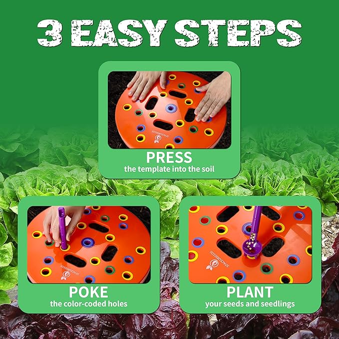 Round Seed Planting Template – Patented Color-Coded Garden Spacing Tool Kit with Seed & Seedling Spacer, Dibber with Seed Spoon & Laminated Vegetable Growing Guide