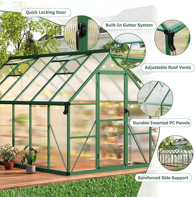 CABIHOME 8x12 FT Outdoor Greenhouse, Polycarbonate Greenhouse with Roof Vent and Ground Nails, Aluminum Large Walk-in Green House w/ Lockable Push Door for Outside Garden Backyard (Green, 8x12 FT)