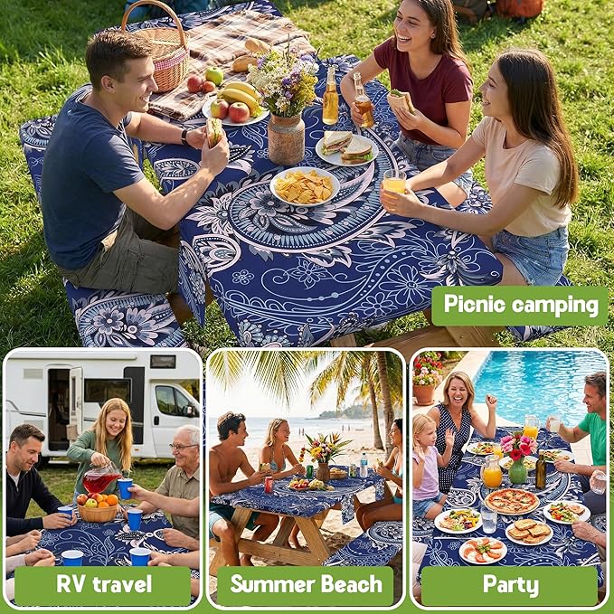 Picnic Table Cover with Bench Covers Waterproof Elastic Rectangle Reusable Folding Tablecloth Manteles Mantelería Camping Essentials Rv Car Travel Supplies Table Cloth Outdoor Road Trip Camper Gifts