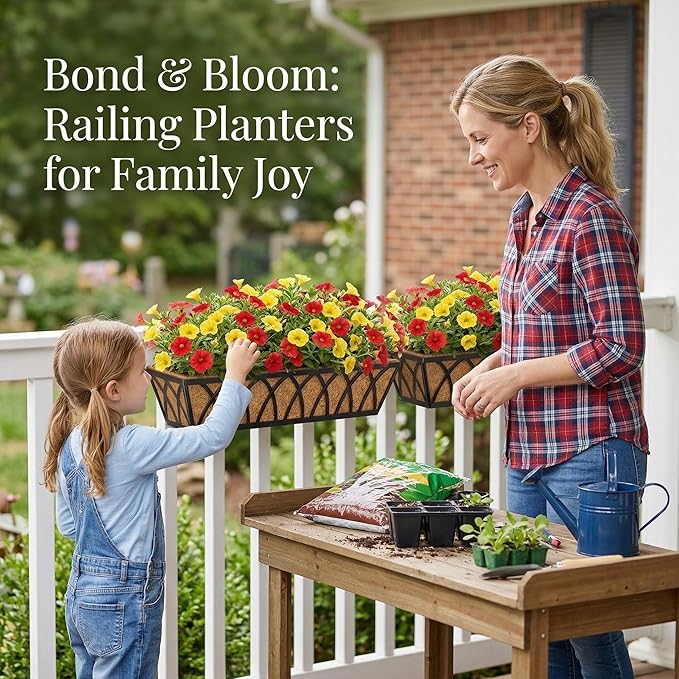 30 Inch 2 Pack Railing Planter with Adjustable Brackets, Window Box with Coco Liner, Hanging Metal Flower Box for Balcony Deck Fence Porch, Black