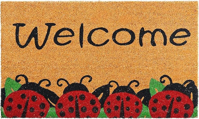 Ladybugs - 17"x29" - Coir Door Mat with Heavy Duty Backing - Welcome Mats for Entryway, Porch - Anti-Slip PVC & Coconut Fiber Surface - Natural Home Accessories, Minimalist Original Design