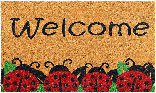 Ladybugs - 17"x29" - Coir Door Mat with Heavy Duty Backing - Welcome Mats for Entryway, Porch - Anti-Slip PVC & Coconut Fiber Surface - Natural Home Accessories, Minimalist Original Design