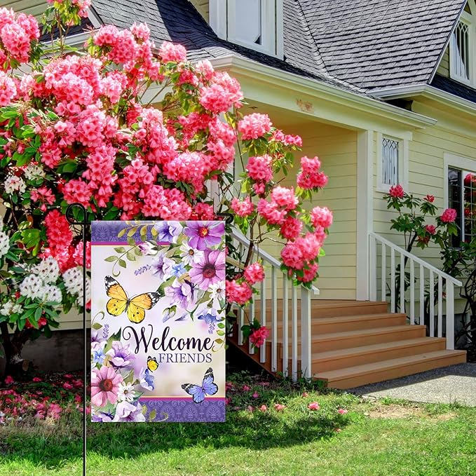 Texupday Welcome Friends Floral Blooms Butterfly Decoration Seasonal Spring Summer Garden Flag Outdoor Yard Flag 12" x 18"