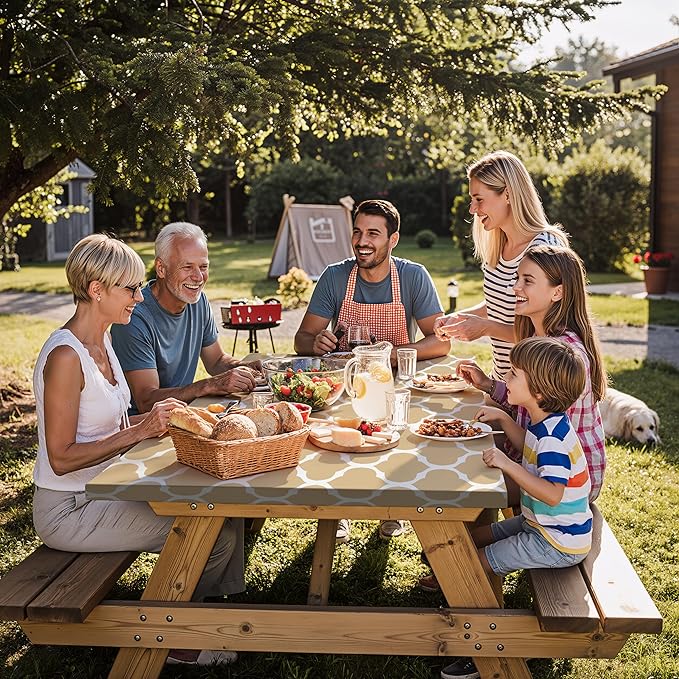 Fitted Waterproof Picnic Table Cover with Bench Covers Elastic Edges Camping Tablecloth for 8 Foot Rectangle Tables Camp Cooking Motorhome Party Equipment Car Rv Travel Trailer Needs Gifts