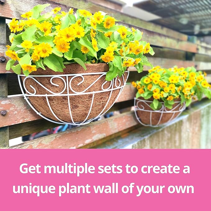 LalaGreen Bundle - 2 Pack,12 inch + 2 Pack,14 Inch White Metal Wire Hanging Planter with Coco Liner, Elegant Herb Flower Baskets Fence Railing Deck Balcony Wall Mount Outdoor Garden Patio Porch Decor