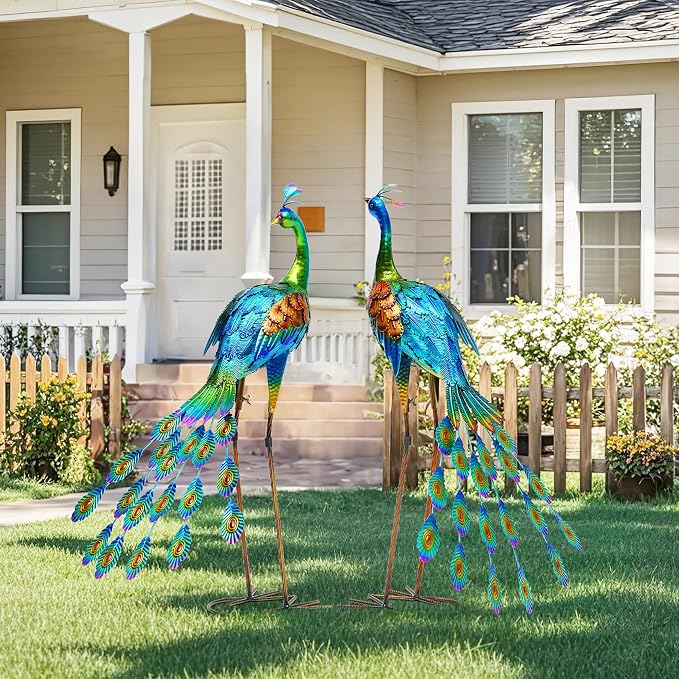 Oversized Peacock Decor Set of 2, 32" Outdoor Metal Yard Art | Hand-Painted Metal Peacock Sculpture. Weatherproof Garden Art for Lawn, Flower Beds, Patio, Backyard, or Indoor Home Decor.