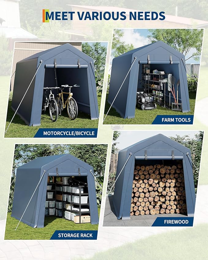 6X8 ft Heavy-Duty Portable Motorcycle Storage Shed with Roll-Up Door & Vent, 220g Waterproof PE Tarp & UV Protection, Motorcycle Shed for Motorcycles, Firewood, Garden Tools - Gray