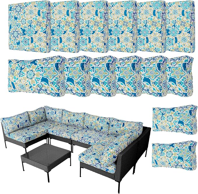 14Pieces Patio Cushion Covers Replacement Outdoor Water-Resistant Couch Covers Splashproof UV-Resistant Furniture Protectors Cushion Sofa Slipcovers Set with Zippers,Cover Only