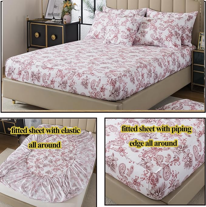 FADFAY Paisley Sheets Set Twin 100% Egyptian Cotton Exotic Tropical Floral Sheets Vintage Red & White French Country Bedding Shabby Romantic Farmhouse Bedding Soft & Breathable Deep Pocket, 4Pcs