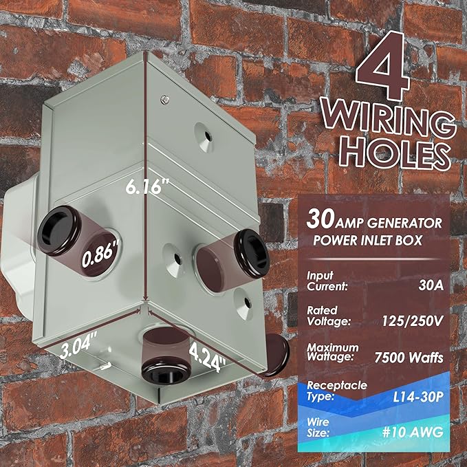 CircleCord 4 Prong 100 Feet 30 Amp Generator Extension Cord and Inlet Box with Locking Connector, Heavy Duty NEMA L14-30P/L14-30R, 125/250V 7500W 10 Gauge SJTW Generator to House Power Cord