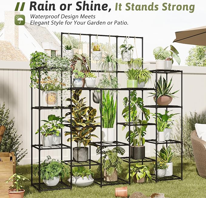 GENTINGBRO Metal Plant Stand Outdoor 63" Tall Plant Shelf for Plants 14-Tier Large Plant Sheves for Indoor Plants Living Room Heavy Duty Rack Garden Balcony Patio Hanging Planter