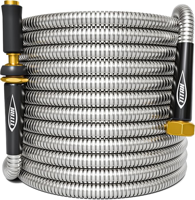 TITAN Garden Hose 200FT - 304 Stainless Steel Metal Water Hose, Flexible, Kink-Free, Lightweight, Durable, Crush Resistant Fittings, Easy to Coil, 500 PSI