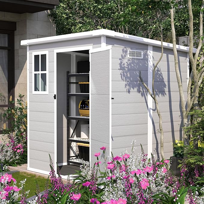 YOPTO 6x6 FT Storage Shed Garden House with Lockable Doors and Vents Waterproof Resin Outdoor Tool Cabinet W/Floor & Window,for Bicycles,Lawnmowers,Lawn,All Weather Use,Gray