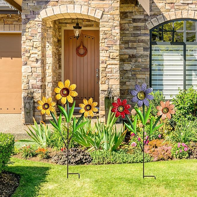 HUTHDAK Metal Flowers for Outside,2 Pack Large Colorful Decorative Garden Stakes Yard Art,Spring Garden Decor for Lawn, Pathway & Garden(21.9 * 12IN)