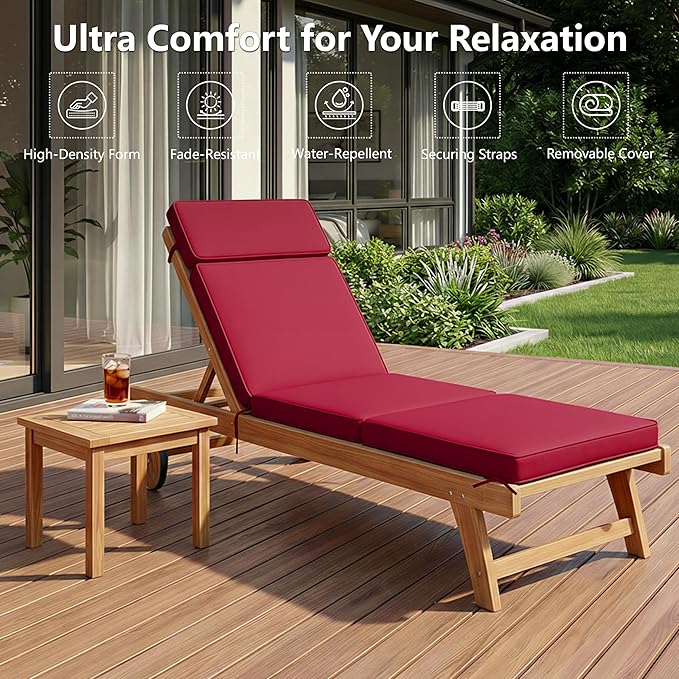 72 x 21 Inch Outdoor Chaise Lounge Cushion - Removable Cover, 4-Section Design, Water-Repellent & Fade-Resistant, 6 Tie Straps, Replacement for Patio & Pool Chairs - Burgundy