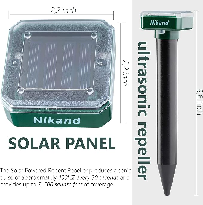 NIKAND Solar Mole Repellent Ultrasonic 4 Pack Outdoor Powered Sonic Deterrent - Mole Stopper Scare Vole for Lawn Garden Yard Home - Groundhog Repeller Snake Rodent Gopher Spikes Chaser Pest (4 Pack)