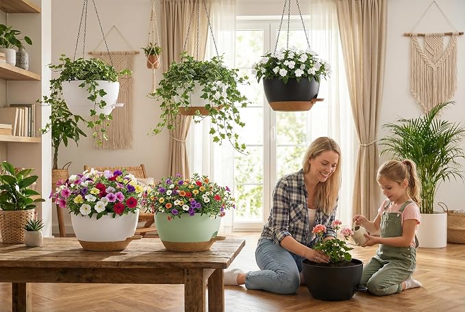 Hanging Planters, 3-Pack 10 Inch Self-Watering Pots with Drainage Holes and Chains, Matte Plastic Planters for Indoor/Outdoor Plant（White）