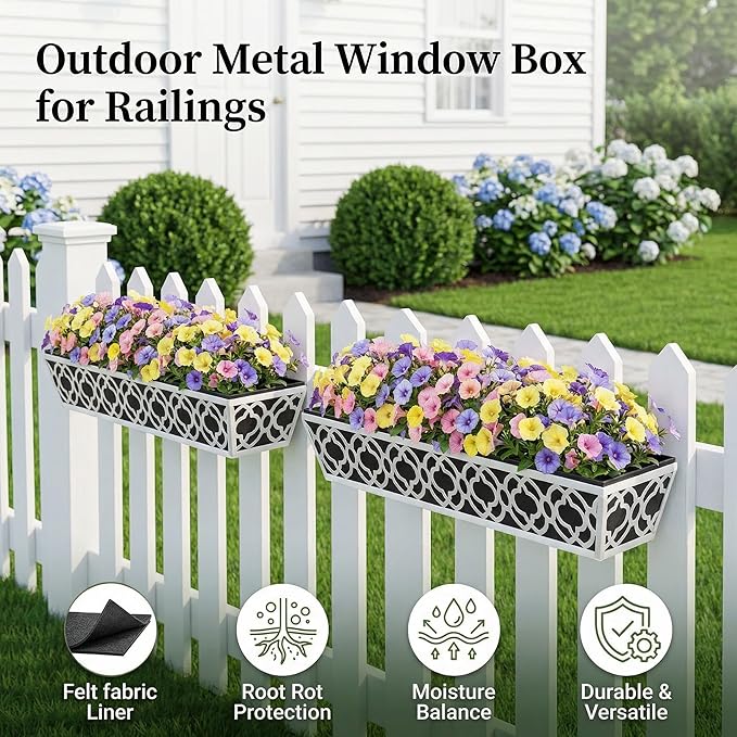 HFHOME 4 Pack 30 Inch Railing Planter Boxes with Adjustable Brackets & Non-Woven Fabric Liner Adjustable Gray Metal Window Box Planter for Balcony Deck Fence, Hanging Flower Basket for Outdoor Garden