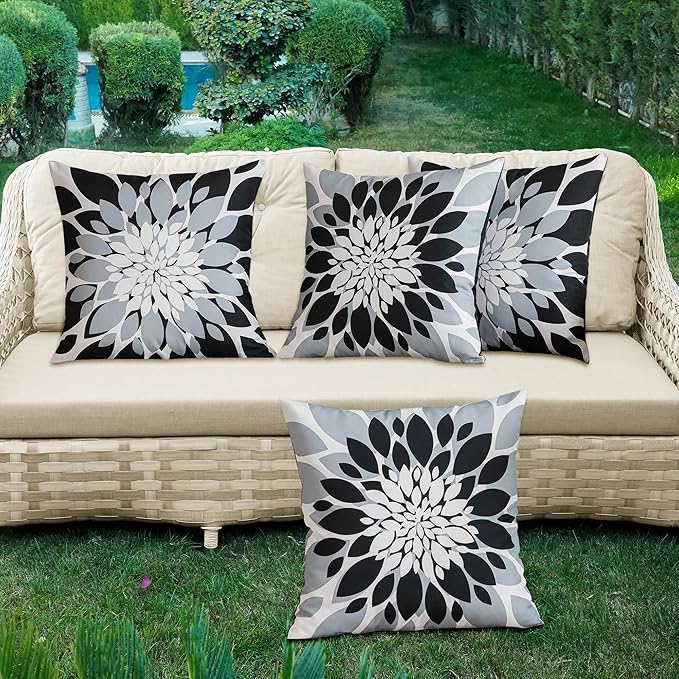 Qahing Pack of 4 Outdoor Waterproof Pillow Covers 20x20 Decorative Outdoor Throw Pillows Garden Square Cushion Cases for Patio Furniture, Couch, Tent Sunbrella, Bench, Black Grey