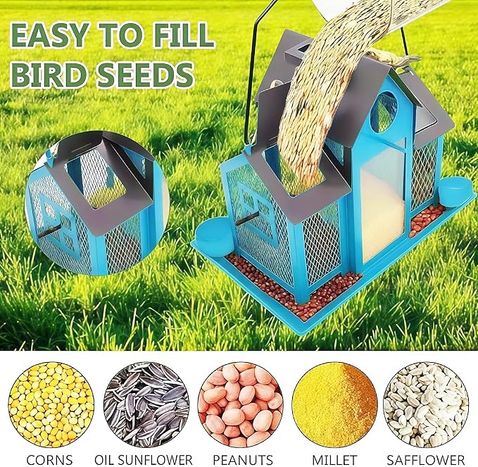 Solar Bird Feeders House for Outside Hanging, Metal Wild Bird Feeder for Outdoors Large Capacity Cardinal Birdfeeder Birdhouses Metal Bird Feeding Station Blue
