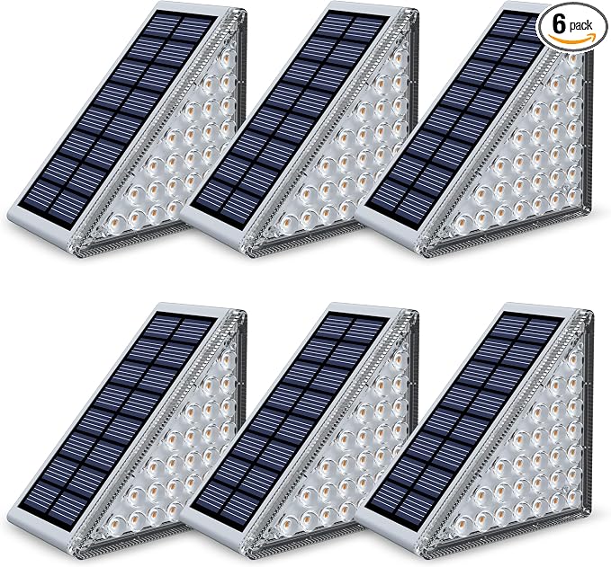 NIORSUN Outdoor Step Lights, Upgraded 28 LEDs 2 Brightness Modes, IP67 Waterproof Solar Stair Lights for Outside Steps, 1200mAh Battery Long Runtime Warm White for Patio Deck Yard Porch, 6 Pack