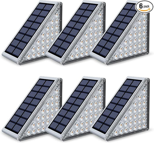 NIORSUN Outdoor Step Lights, Upgraded 28 LEDs 2 Brightness Modes, IP67 Waterproof Solar Stair Lights for Outside Steps, 1200mAh Battery Long Runtime Warm White for Patio Deck Yard Porch, 6 Pack