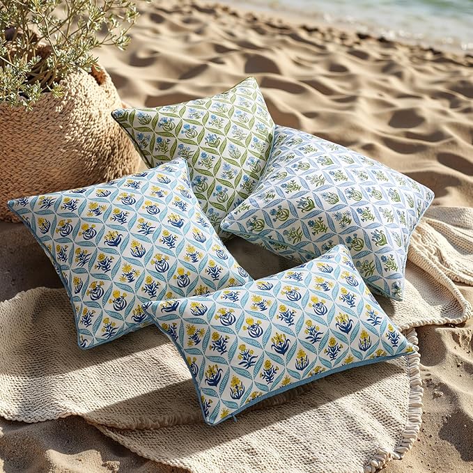 ANRODUO Floral Outdoor Pillow Covers 18x18 Waterproof Set of 2 Block Print Accent Decorative Cushion Cases with Refined Edge Piping for Spring Patio Porch Garden Couch Sofa Bench Decor Yellow
