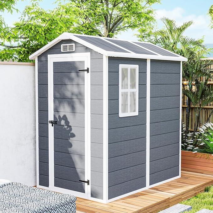 Outsunny 6' x 4' Outdoor Storage Shed, Waterproof Resin Plastic Shed with Floor, Window, Lockable Doors and Vents, All-Weather Garden Tool Shed for Backyard, Patio, Lawn, Gray