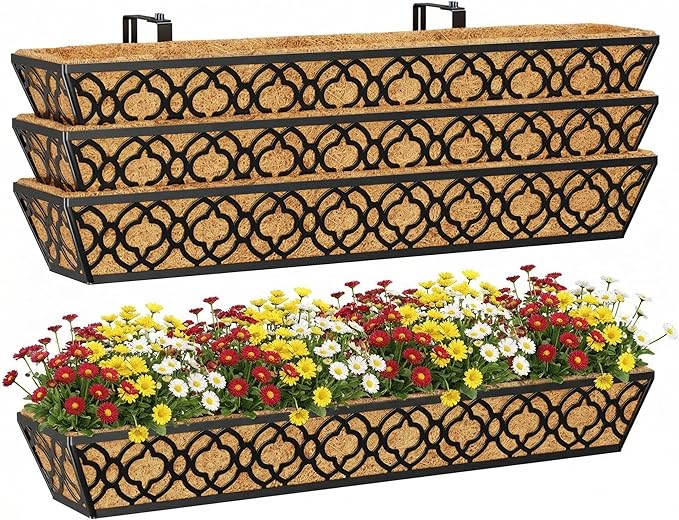 Y&M 36'' Deck Railing Planter Set with Coco Coir Liner, Large 4 Pcs Metal Deck Railing Planter Window Boxes for Outdoor Balcony, Porch, Patio, and Fence Rail