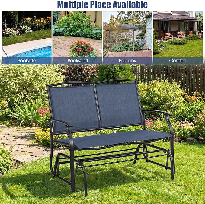 Giantex Outdoor Glider Bench, Patio Glider Bench for Outside, Steel Frame, 400 Lbs Capacity, Ergonomic Swing Rocking Chair Loveseat, 2-Person Porch Swing Rocker for Backyard, Lawn, Balcony, Dark Blue