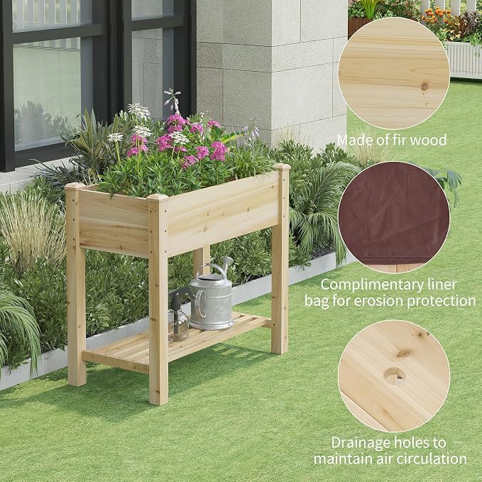 Raised Garden Bed with Legs Elevated Wooden Planter Box Stand Large Planter Stand Box for Fruits Vegetables Flowers with Divider with Bag - 34x18x30.5IN