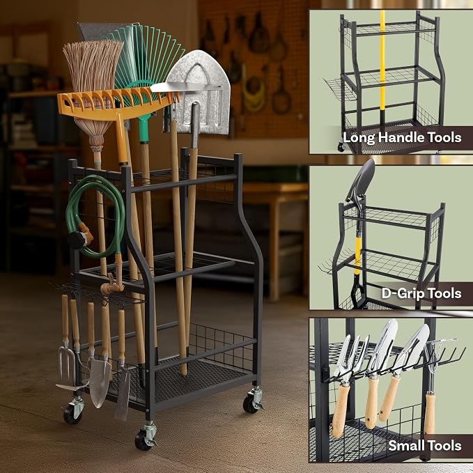 Garage Garden Tool Organizer with Wheels - Yard Tool Storage Rack with 28 Slots for Long Handles, 10 Hooks, 2 Cord Wrappers, and Locking Wheels - Shed or Garage Organization by Pure Garden