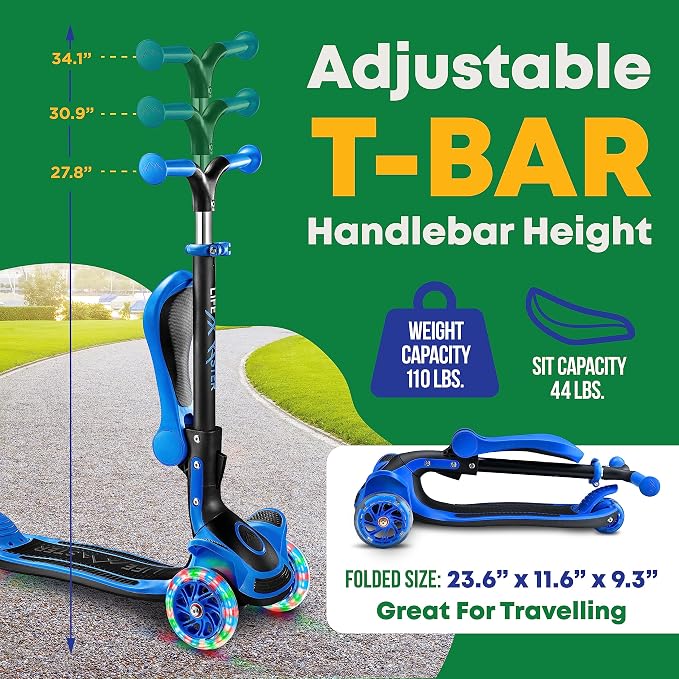 3 Wheel Scooter for Kids with Foldable Seat, Adjustable Handlebar Height, Lean-to-Steer Ride On Toy for Kids Ages 2+, Light-Up LED Wheels, Wide Anti Slip Deck, Indoor & Outdoor Use