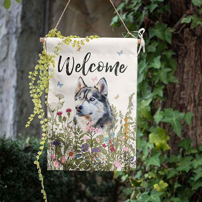 Floral Husky Terrier Garden Flag Spring Summer House Flags 28 x 40 Double Sided Flower Dog Yard Flags for Outside Large Outdoor Welcome Flags