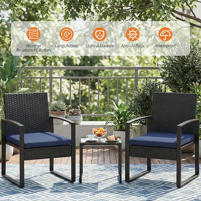 Garvee 3 Pieces Patio Bistro Set, PE Rattan Patio Conversation Set with Tempered Glass Coffee Table, Outdoor Wicker Furniture for Patio Garden Balcony Backyard, Black and Blue