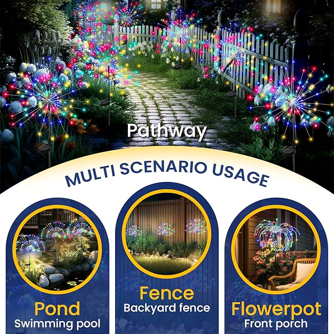 GIGALUMI Garden Decor Outdoor Lights 120LED 8Pack, Solar Garden Lights Outside Fairy Firework Decorative,Solar Powered for Yard Pathway Flowerbed Planter Balcony Patio 4th of July Decor (Multicolar