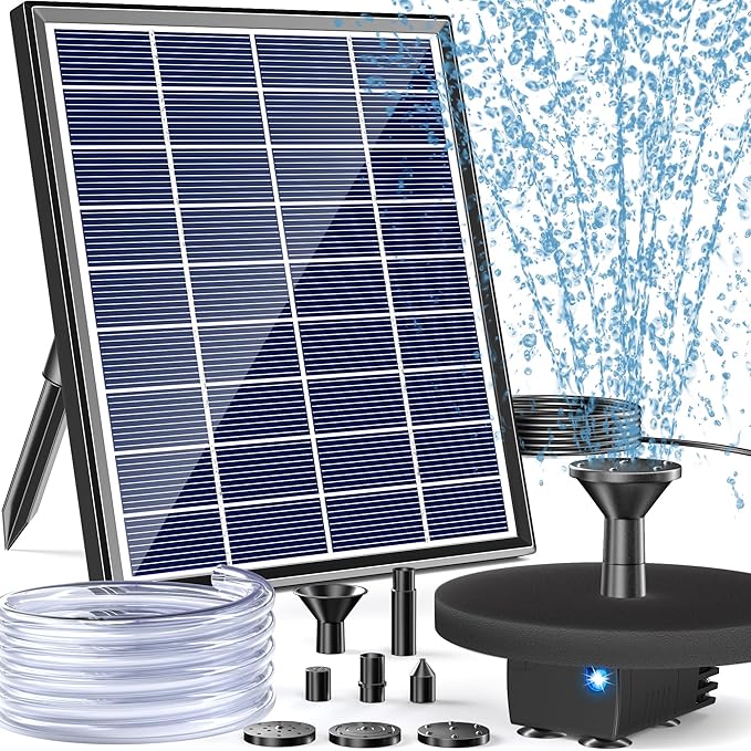 POPOSOAP Solar Fountain Pump, 6W Outdoor Solar Water Fountain Pump for Bird Bath with 4ft Tubing & 5 Nozzles, DIY Solar Powered Water Pump for Garden, Ponds, Pool and Fish Tank