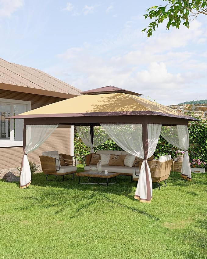 GarveeLife Canopy Tent 12x12 ft, Pop Up Gazebo One-Push Setup with 4 SandBags for Backyard Parties and BBQs, Mosquito Netting & Height Adjustable - Khaki & Coffee