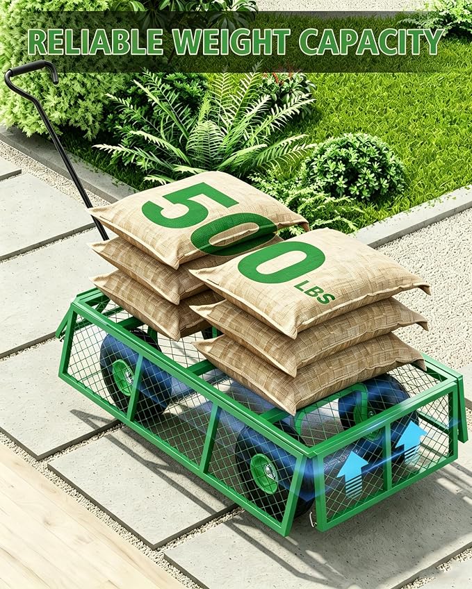 Garvee Steel Garden Cart, 500 LBS Capacity Utility Outdoor Wagon, Heavy Duty Mesh Garden Metal Wagon with Removable Sides, Flexible Handle for Yard, Lawn, Garden