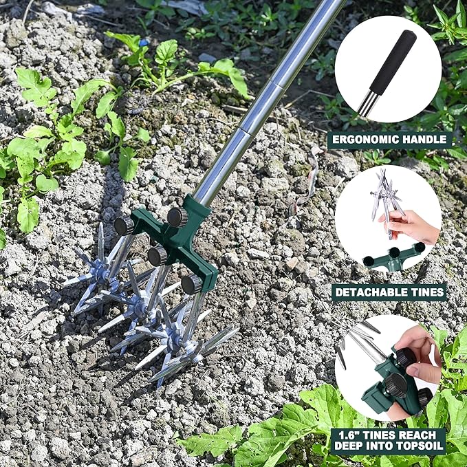 BARAYSTUS Rotary Cultivator Garden Rotary Tiller Adjustable Stainless Steel Poles Hand Tiller for Soil Mixing or Reseeding Grass Lawn Tiller Total Length 57 Inch