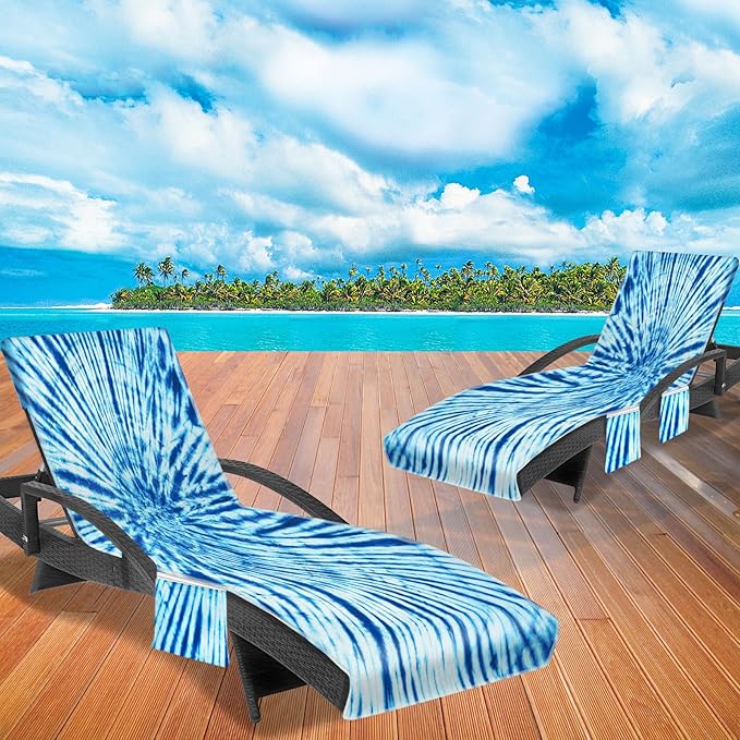 Lounge Chair Towel Cover (Pack of 2), Tie Dye Style Chaise Lounge Cover, Beach Chair Covers with Pockets for Pool Beach Garden Courtyard Outdoor Trips, 85 x30 in, Dark Blue
