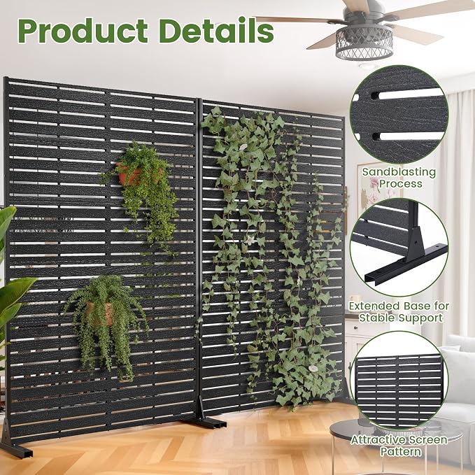 Outdoor Privacy Screen 72" H HDPE Decorative Freestanding Privacy Panel, Sandblasting Louvered Privacy Screens with Stand, Weather-Resistant Panel for Patio, Balcony, Backyard(6 Panels)