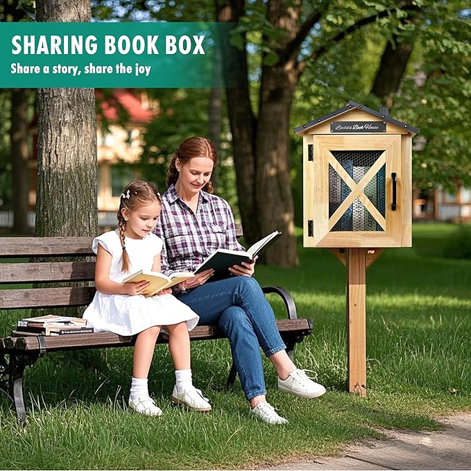 Outdoor Book Sharing Box, Waterproof Tin Roof Wooden Book Exchange Cabinet for Communities, Neighborhoods, and Schools, DIY Literature Storage for Books, Magazines, and Art (Wood)
