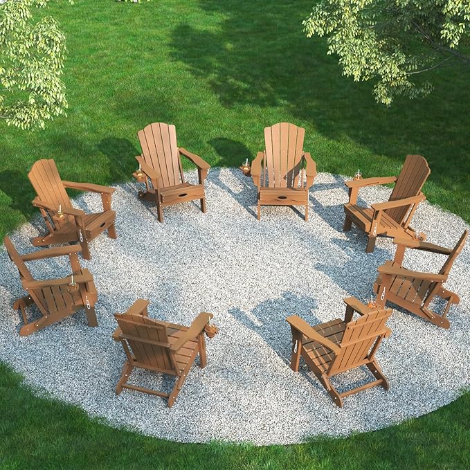 THOEOE Folding Adirondack Chair Set of 8, HDPE All-Weather Outdoor Chair with Cup Holder, Wooden Textured, Fire Pit Chair, Plastic Patio Chair for Deck, Backyard, Garden, Lawn