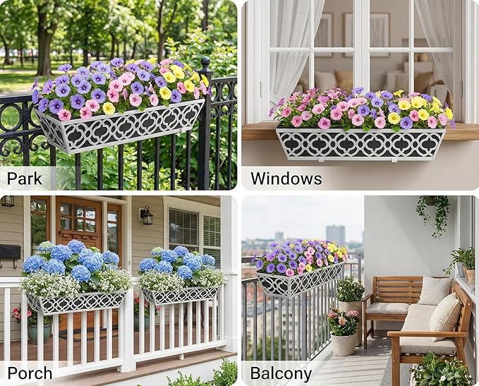 Y&M 4Pcs 24'' Railing Planter Box Set with Black Non-Woven Fabric Liner, Flower Boxes with Adjustable Brackets, Large Metal Hanging Window Boxes for Fence, Deck, Balcony, and Garden