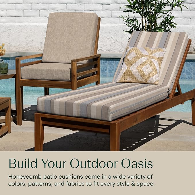 Honeycomb Outdoor Chaise Lounge Cushion for Patio Furniture, Water & Fade Resistant, Removable Cover, 21.5 x 70, Heritage Stripe Taupe