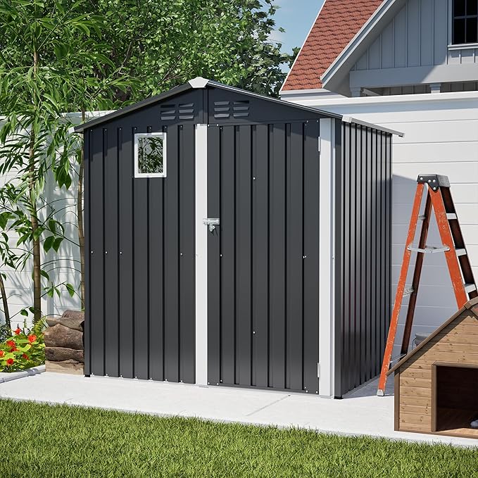 YOPTO 6x4 FT Outdoor Storage Shed,Metal Shed with Window,Garden Shed W/Dual Air Vents & Lockable Sliding Door,All Weather Waterproof Tool House W/Sloped Roof,for Patio,Yard,Lawn,Black
