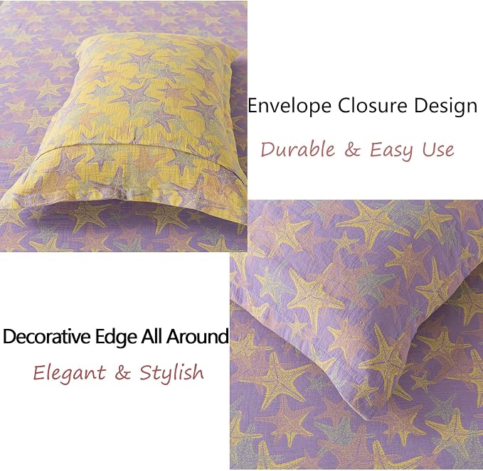 FADFAY Beach Theme Sheets Set Queen Purple Yellow Starfish Ocean Bedding Coastal Nautical Bedding Super Soft Washed Double -Layer Muslin Sheets 100% Cotton Deep Pocket Fitted Sheet 4Pcs, Queen Size