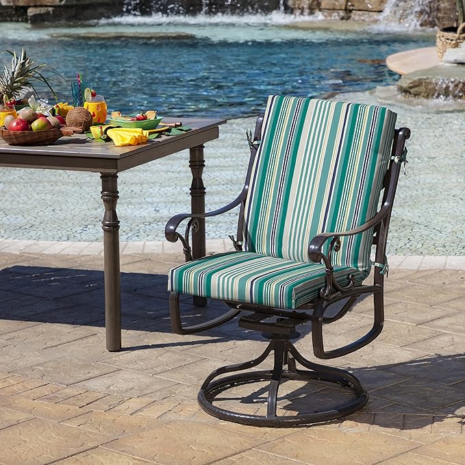 Arden 4-Pack Outdoor Patio Dining Chair Cushion, 20x44, Rain-Proof Seat Pad, Fade-Resistant Outdoor Cushion Teal Cobalt Stripe
